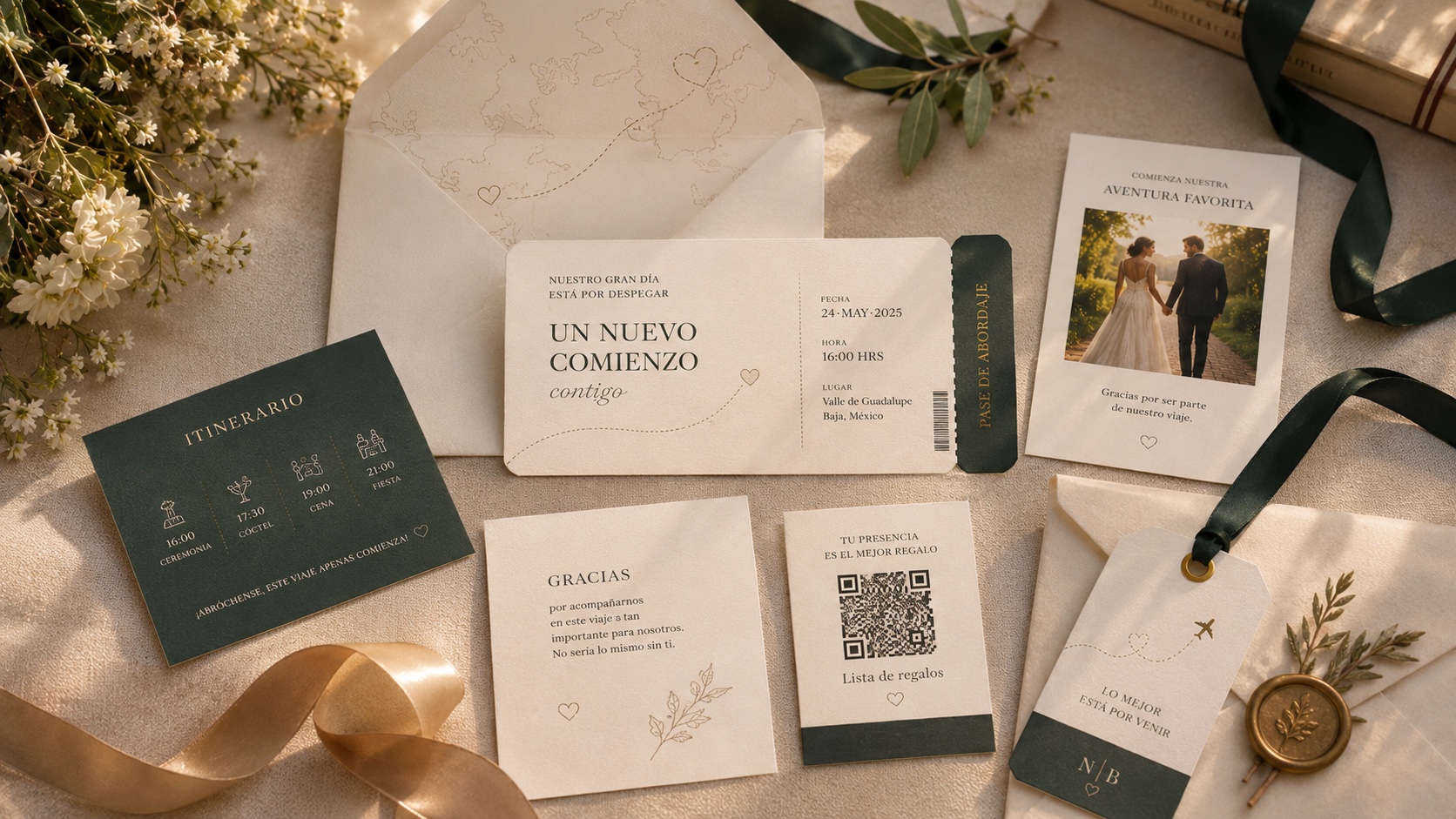 Papelería e invitaciones de boda diseñadas para Novios a Bordo.
