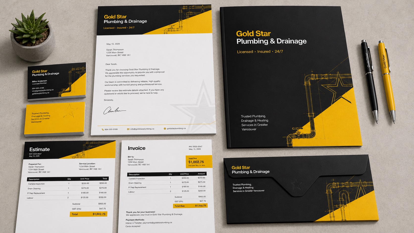 Papelería corporativa desarrollada para Gold Star Plumbing.