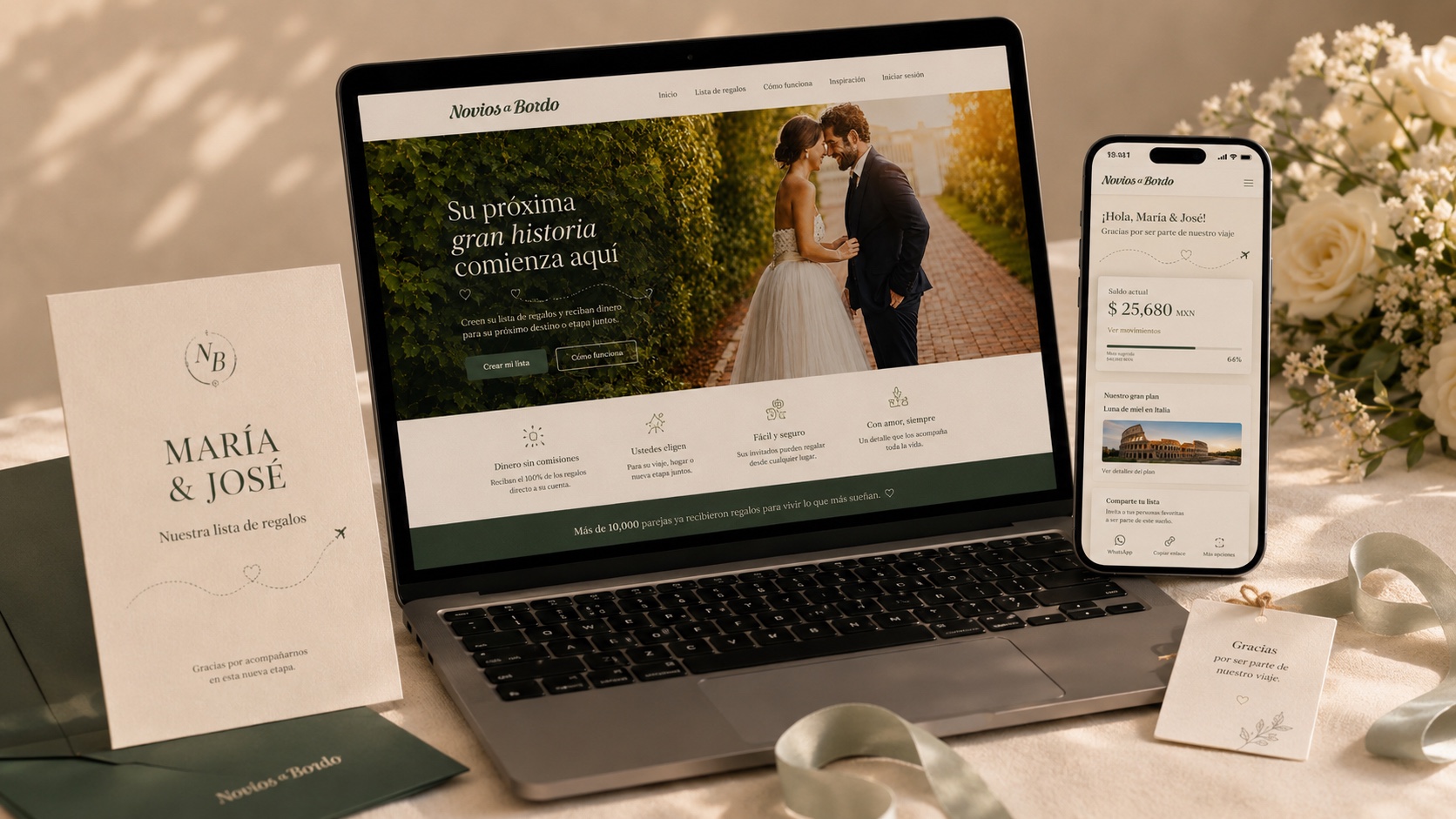 Plataforma web de Novios a Bordo mostrada en ordenador y móvil.