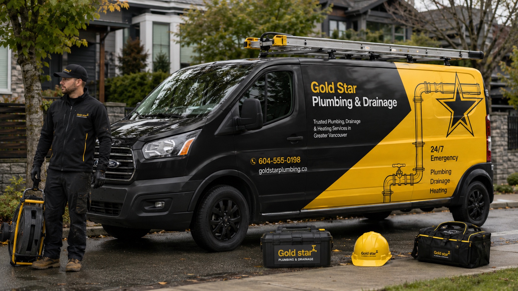 Identidad de Gold Star Plumbing aplicada en vehículo, uniforme y herramientas.