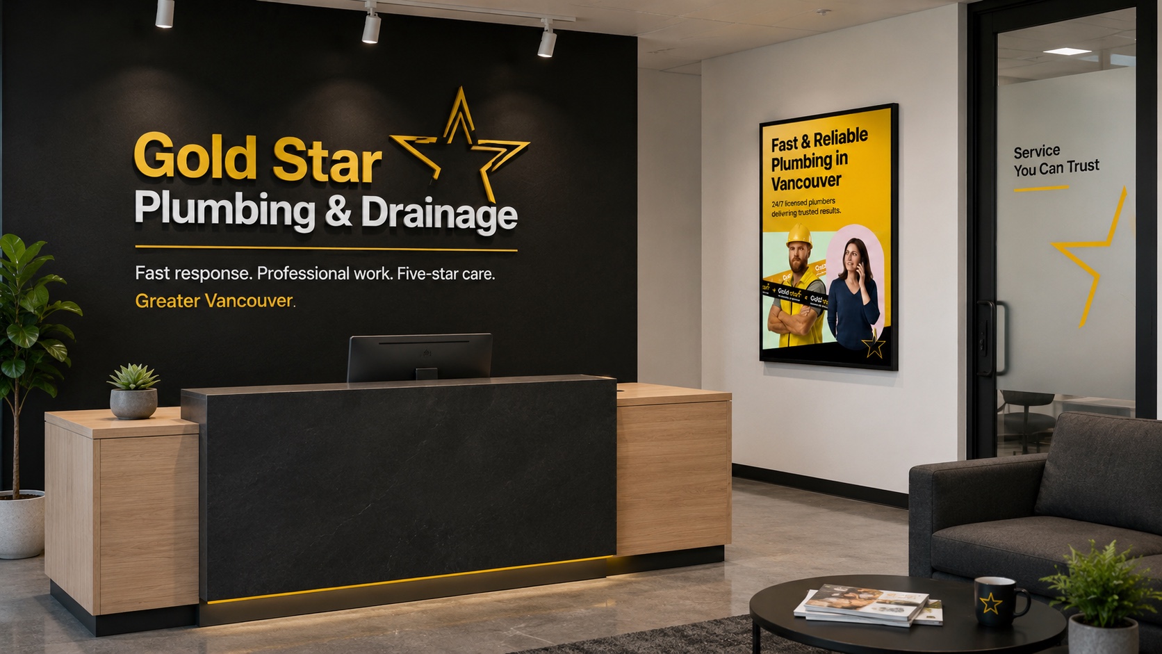 Identidad de Gold Star Plumbing aplicada en la recepción de la empresa.