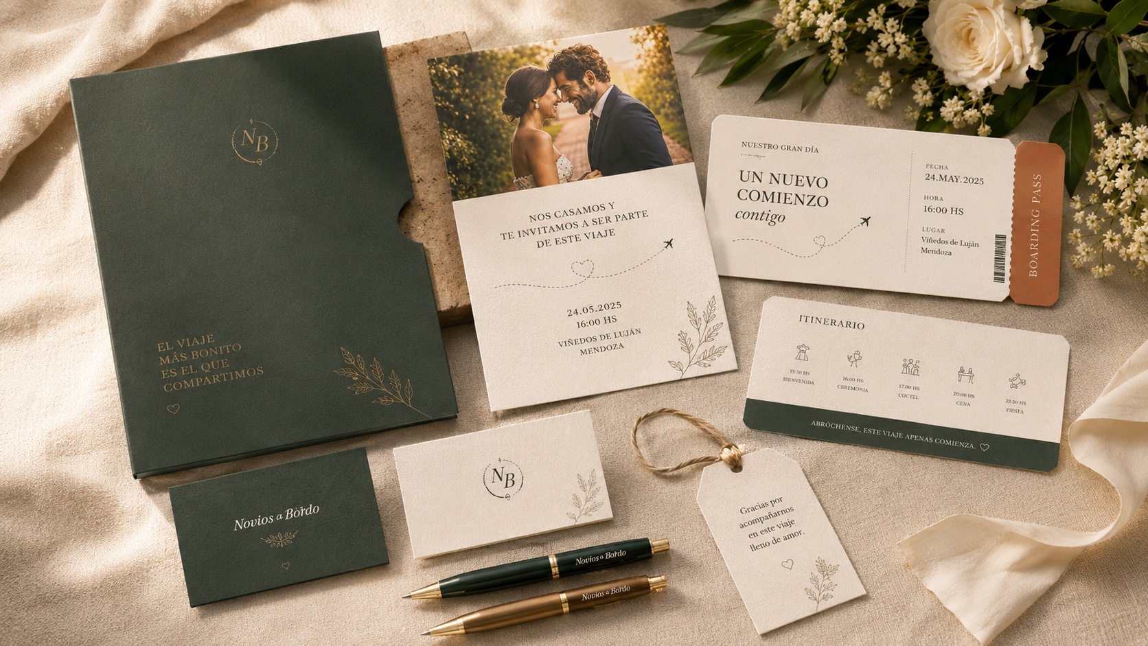 Sistema de invitaciones, tarjetas y papelería de Novios a Bordo.