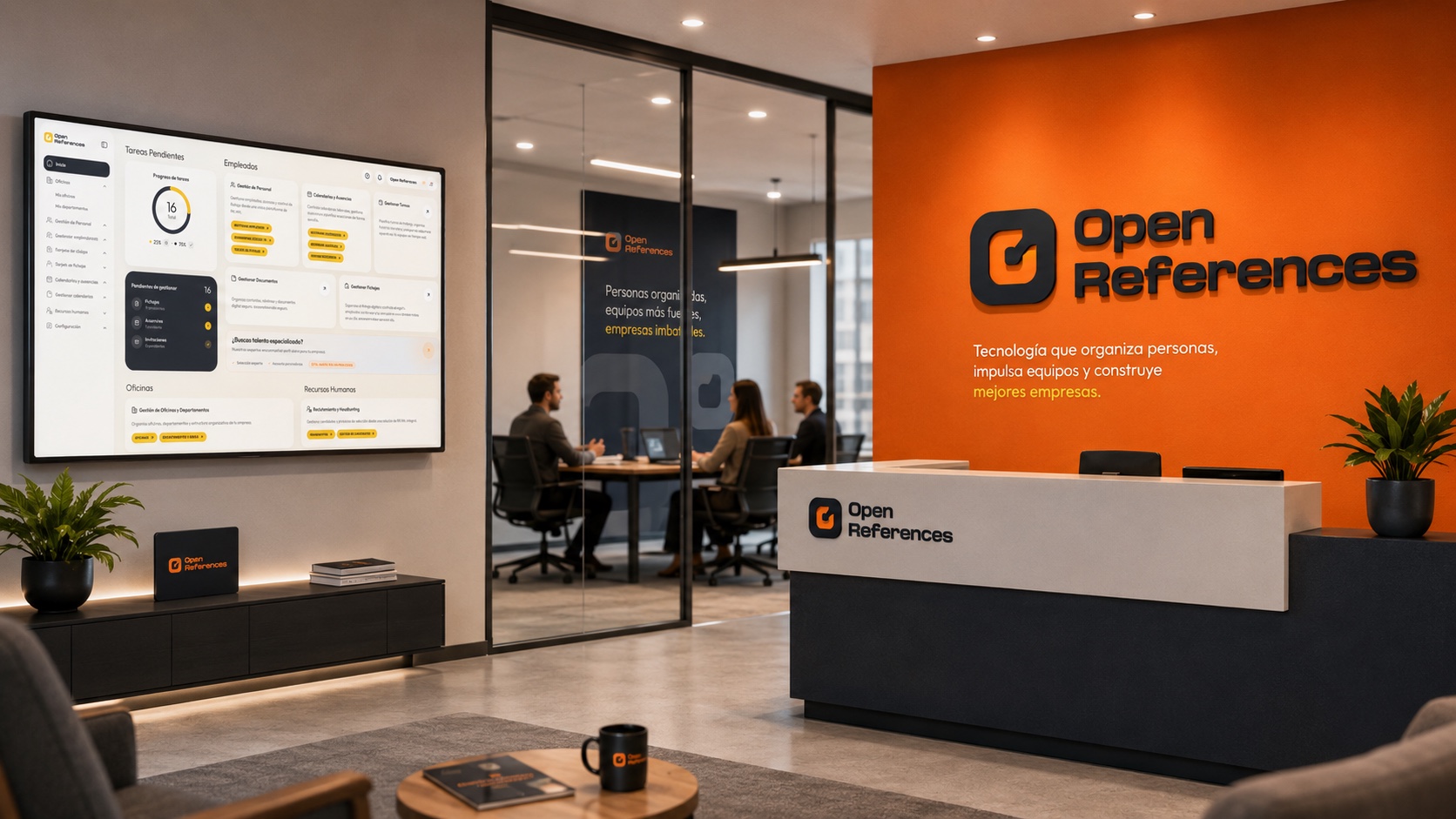 Identidad de Open References aplicada en la recepción y las oficinas de la empresa.