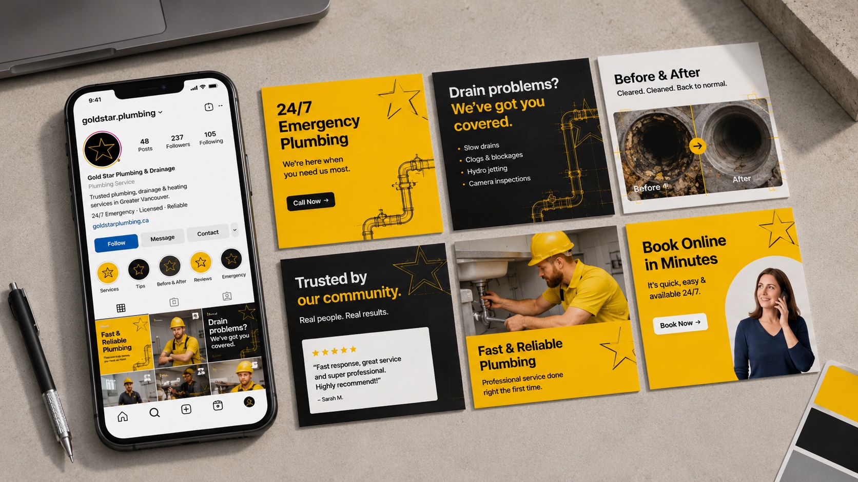 Campaña y sistema visual para redes sociales de Gold Star Plumbing.