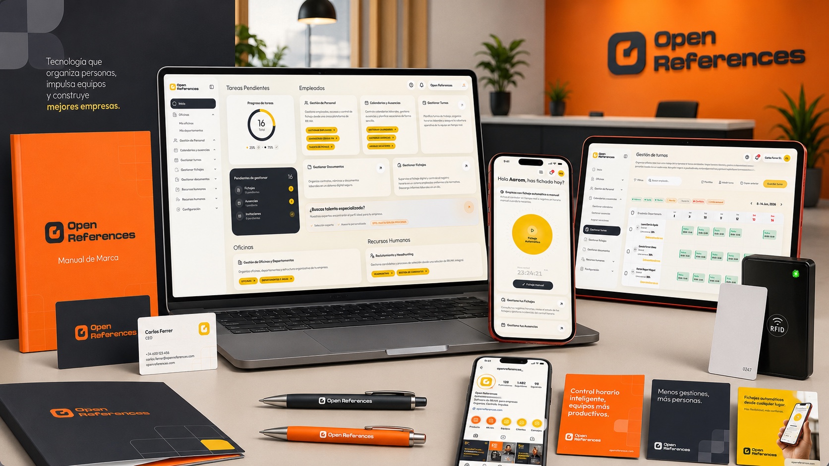 Sistema de marca de Open References junto a sus aplicaciones digitales y corporativas.