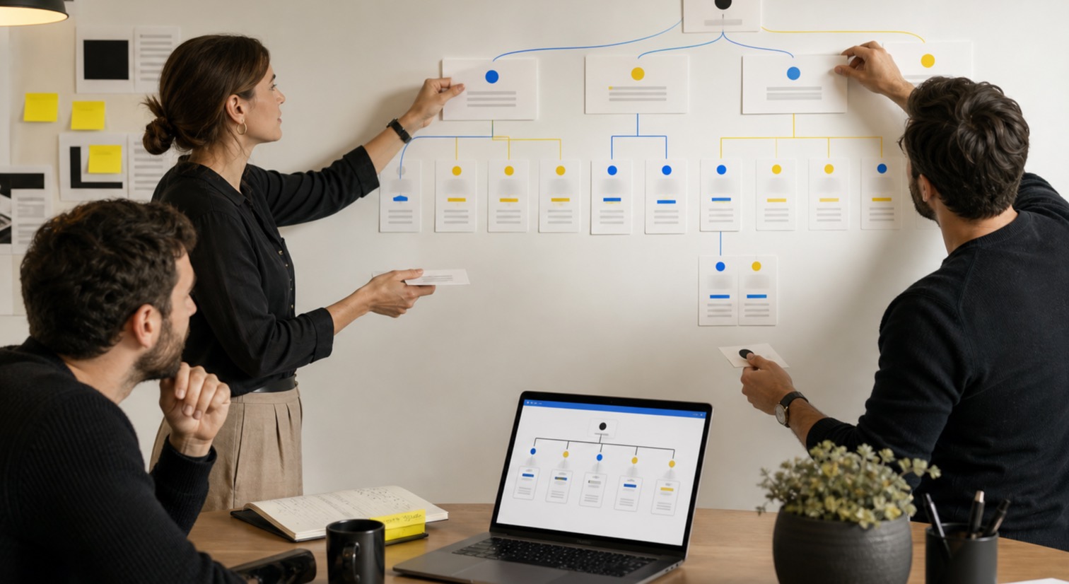 Equipo definiendo la arquitectura de contenidos y el mapa de un proyecto web.