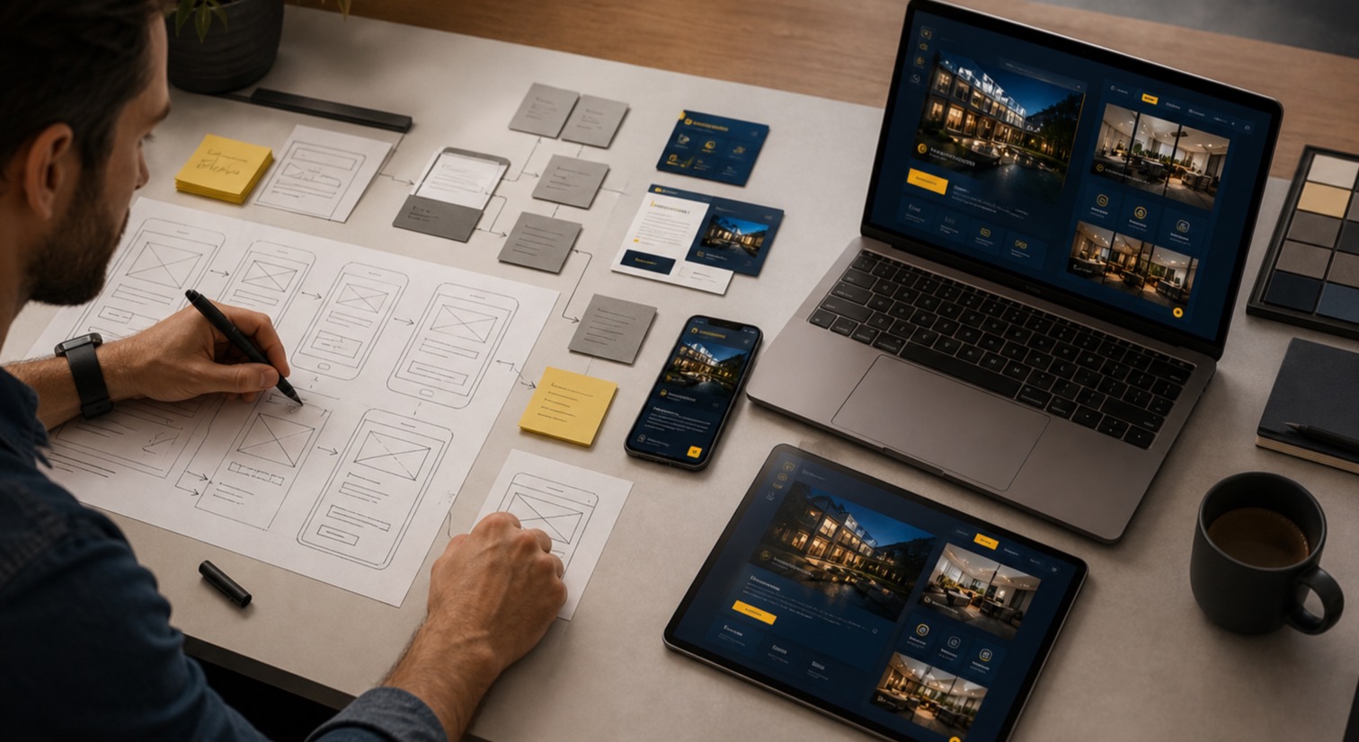 Proceso de diseño UX y UI con wireframes e interfaces responsive.